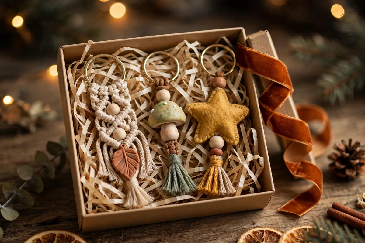 Three coordinating keychains arranged as a gift set in a small box with shredded tissue
