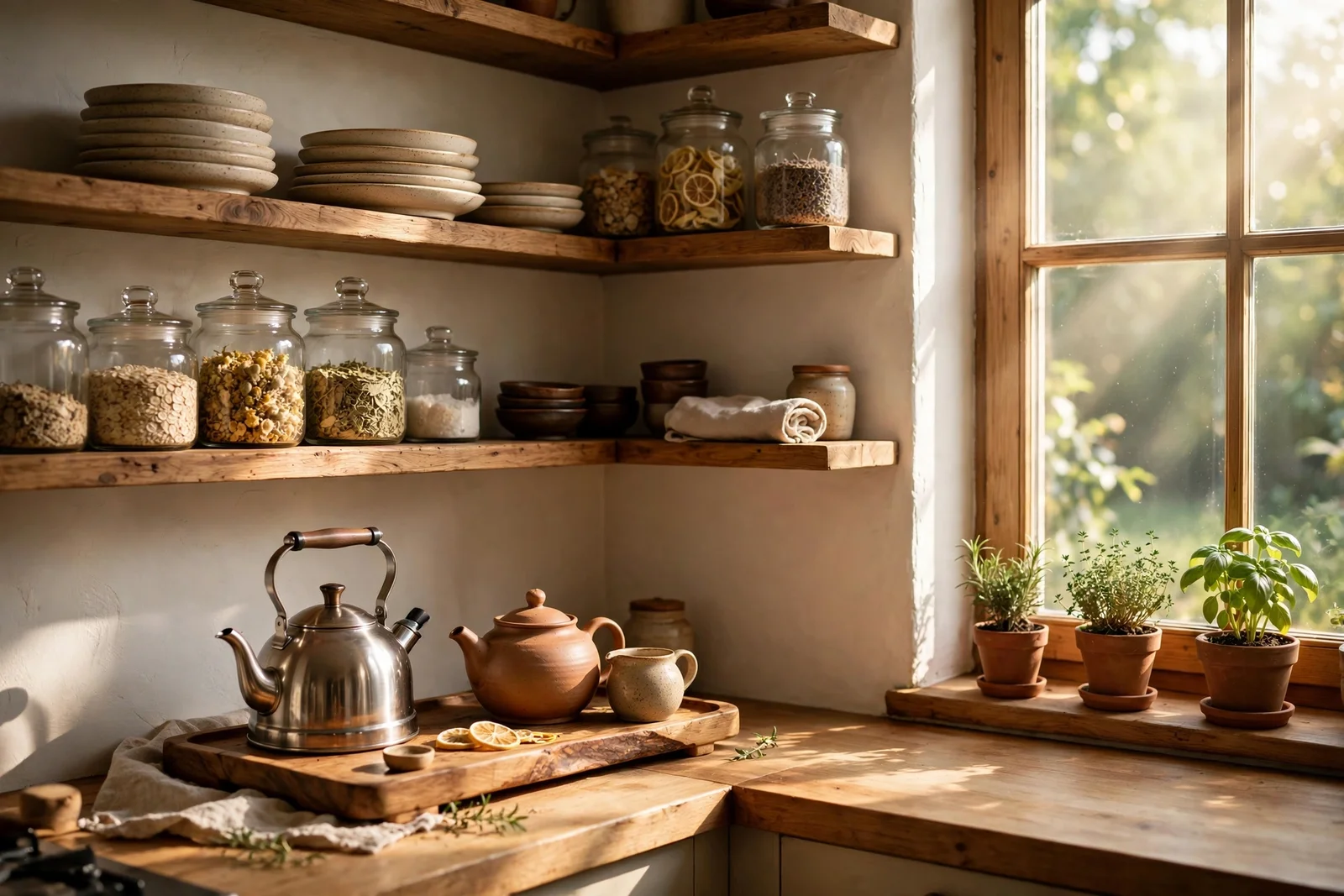 Warm kitchen corner with open wooden shelves, tea tray station and plants in morning light