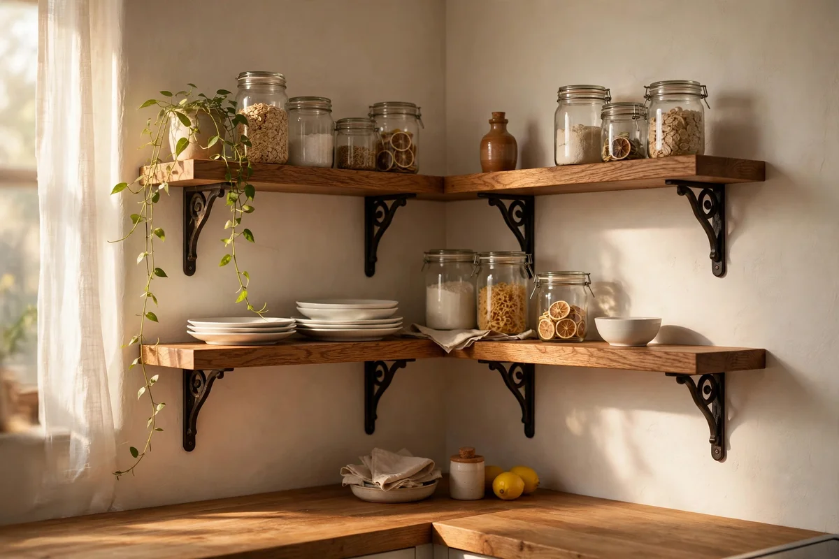 Open wooden shelves wrapping a kitchen corner with plates, jars and a plant