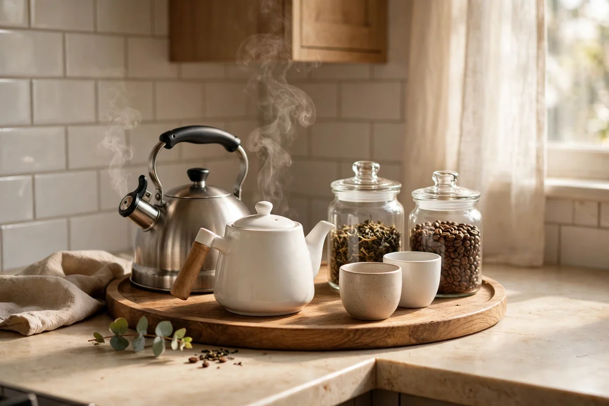 Corner tea and coffee station with kettle, teapot, cups and jars on a wooden tray