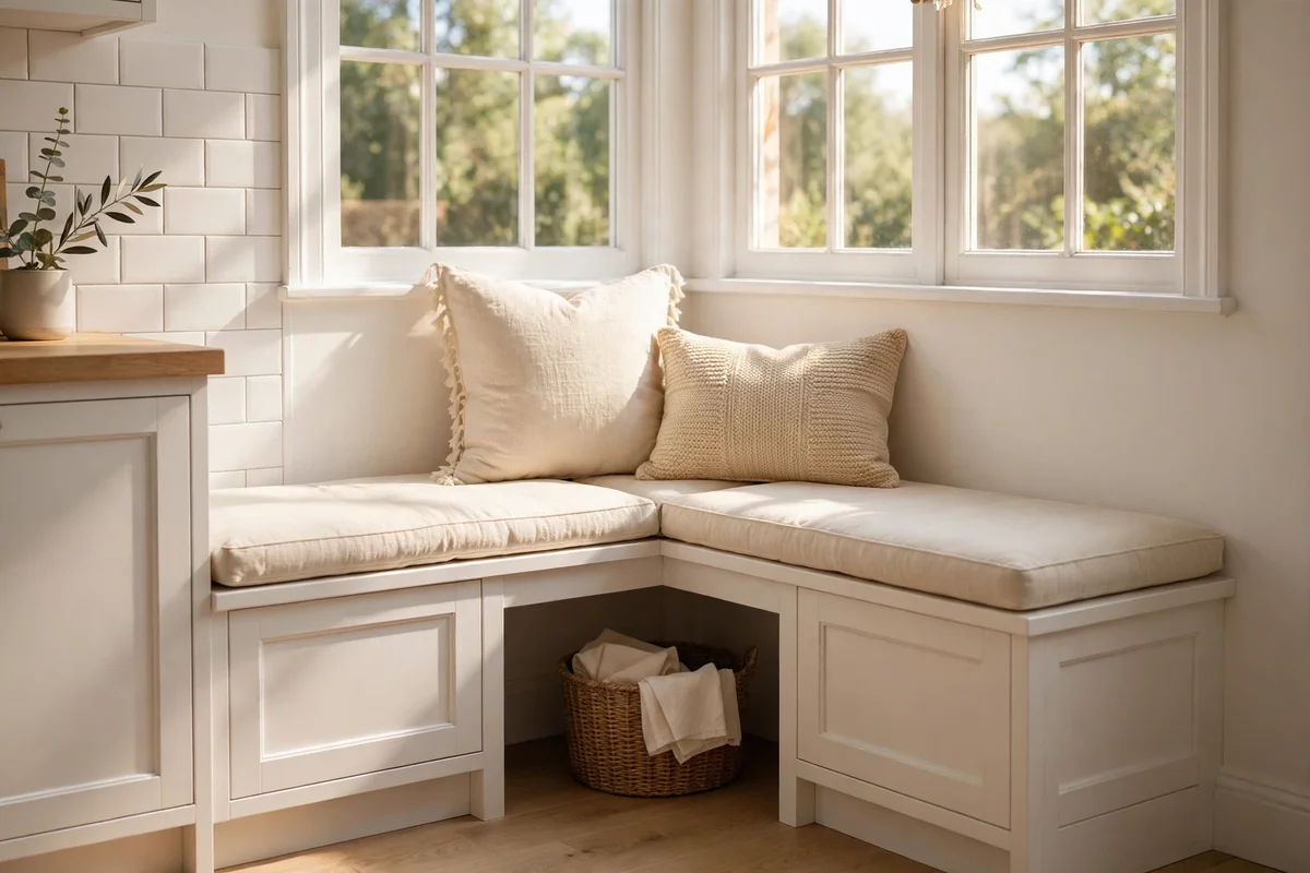 Small corner bench with cushions under a kitchen window