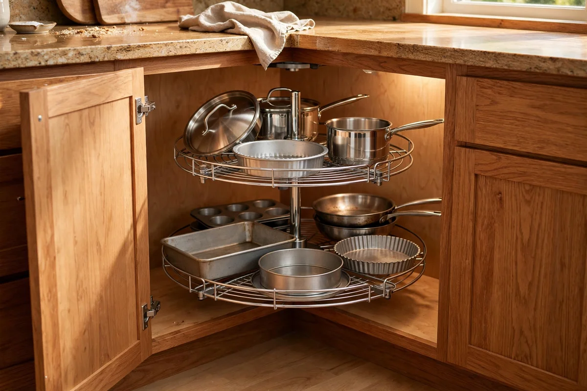 Rotating carousel shelf inside a deep kitchen corner cupboard