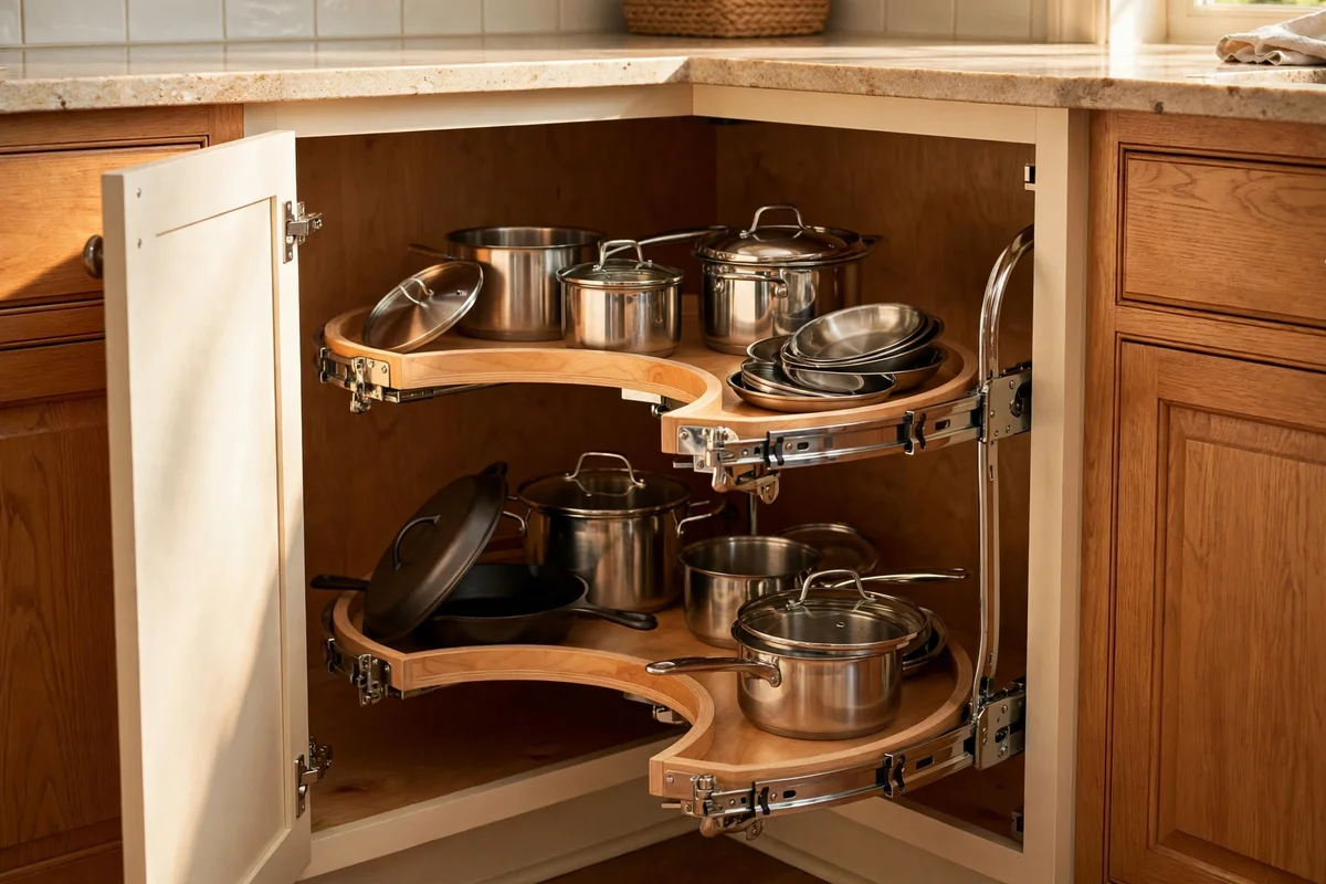 Swing-out shelves pivoting from a kitchen corner cupboard