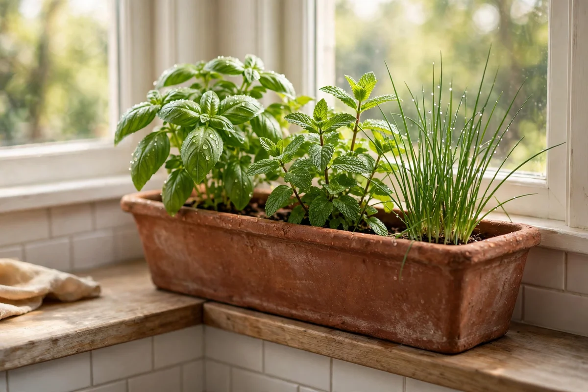 Herb planter trough with basil and mint on a corner kitchen windowsill