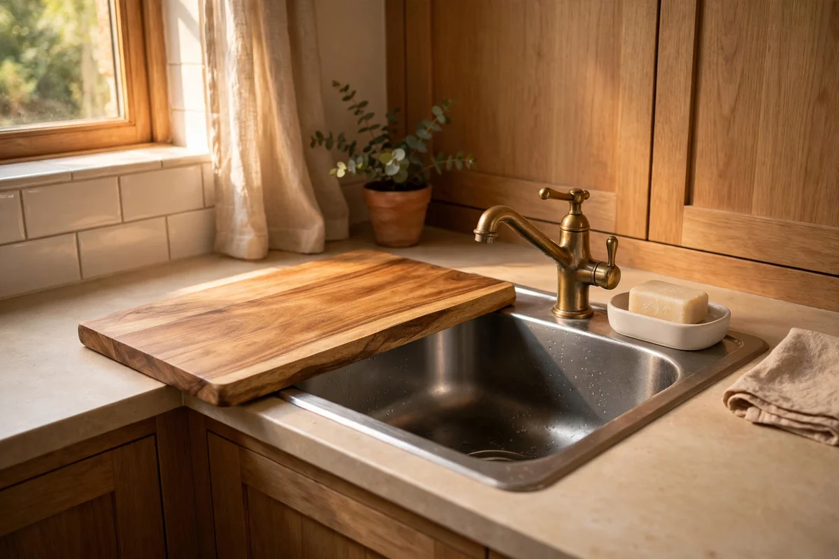 Corner kitchen sink styled with a wooden board and plain soap dish
