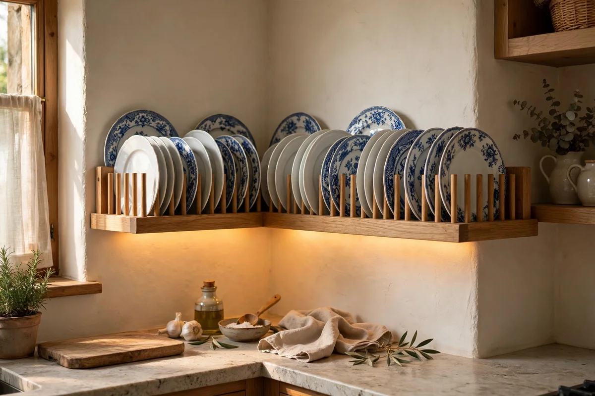 Wooden plate rack mounted across both walls of a kitchen corner