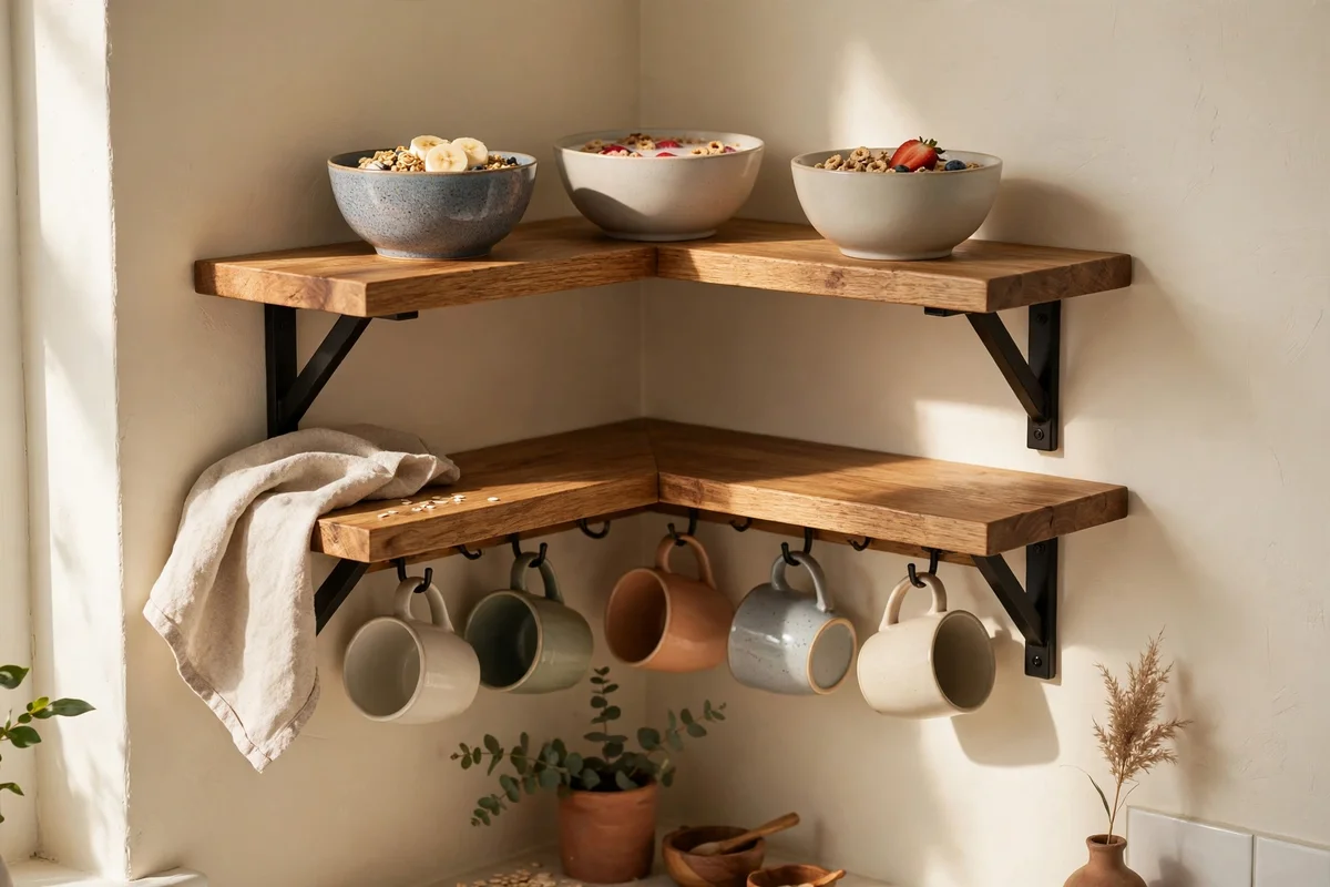 Two stacked corner shelves holding cups and bowls in a kitchen