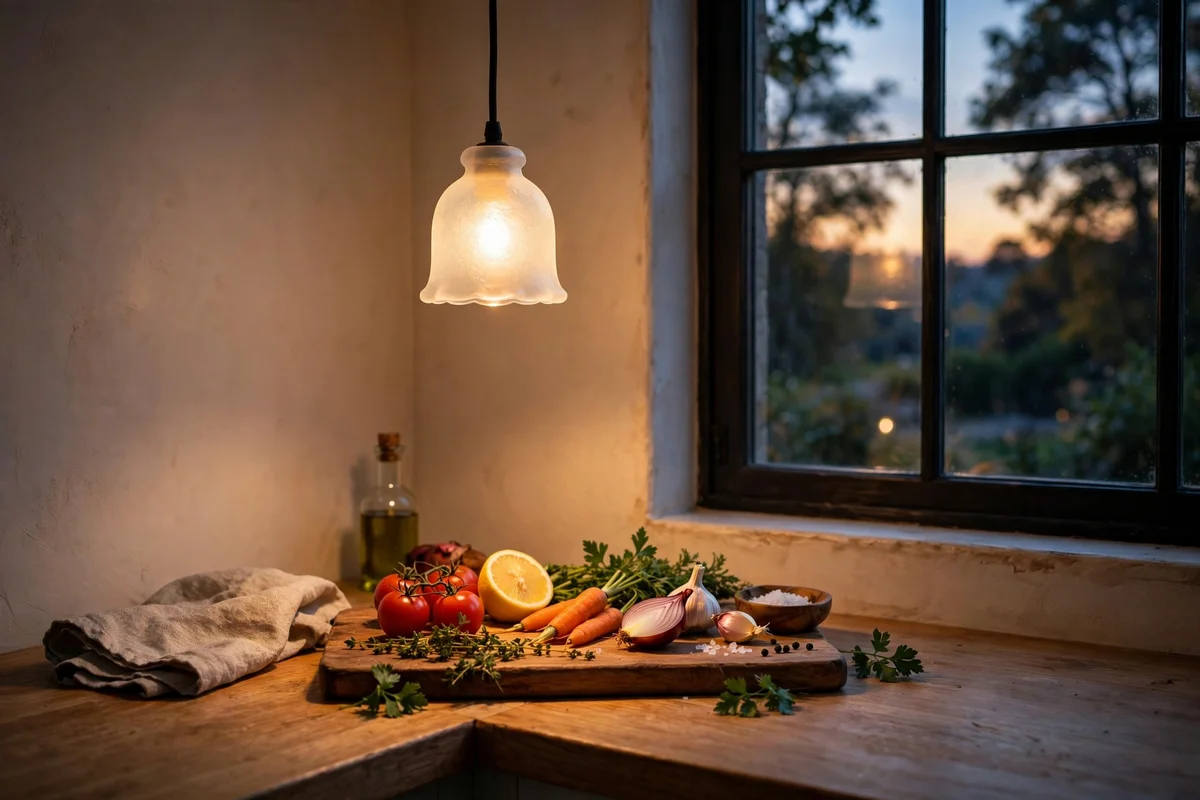 Small pendant light hanging over a kitchen corner worktop