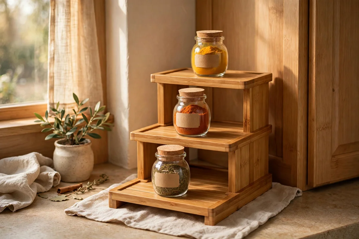 Tiered spice riser with glass jars in a kitchen corner