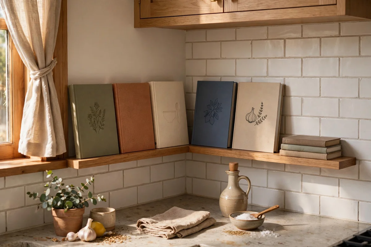 Cookbooks displayed on a slim ledge wrapping a kitchen corner