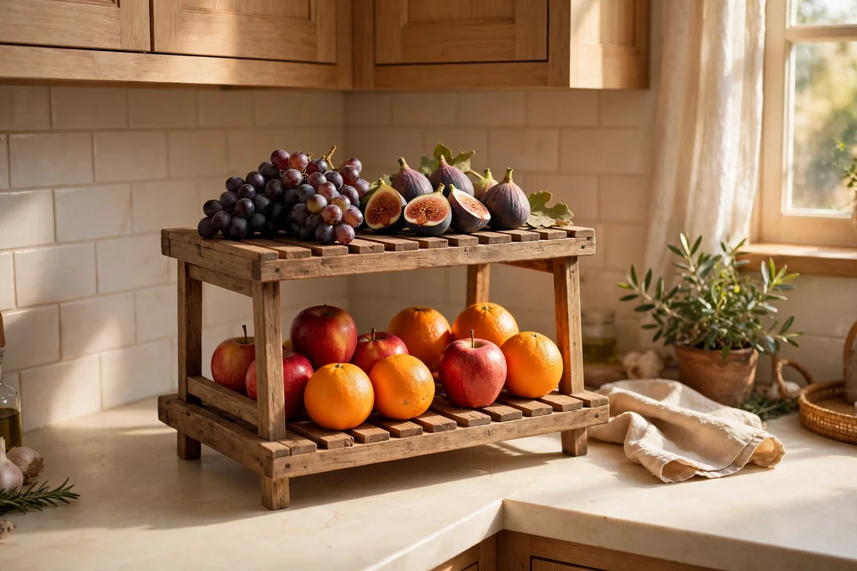 Tiered fruit stand with apples and grapes in a kitchen corner