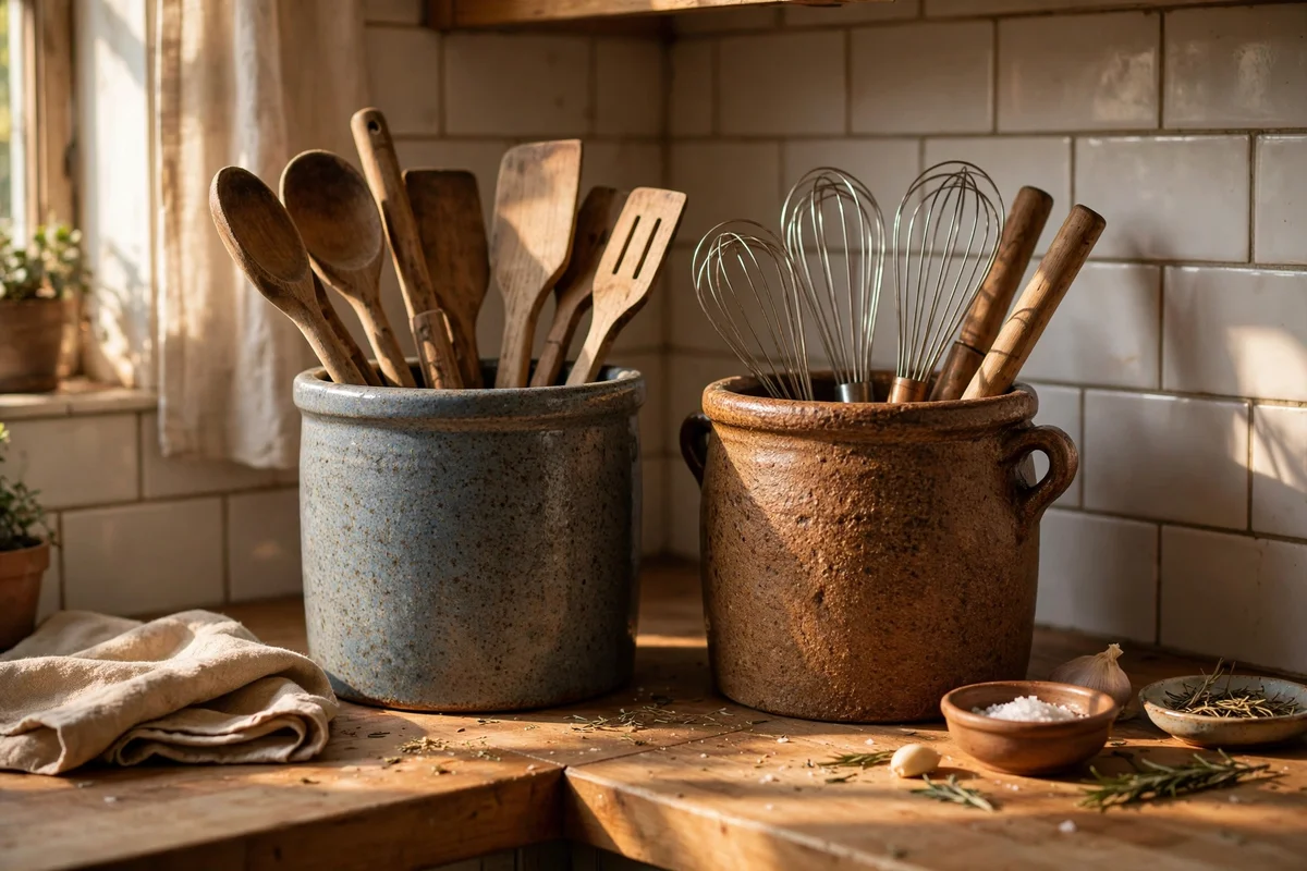 Ceramic utensil crocks with wooden spoons at the back of a kitchen corner