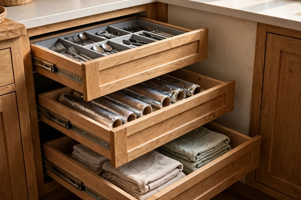 Corner drawer bank with cutlery trays and linens in a kitchen