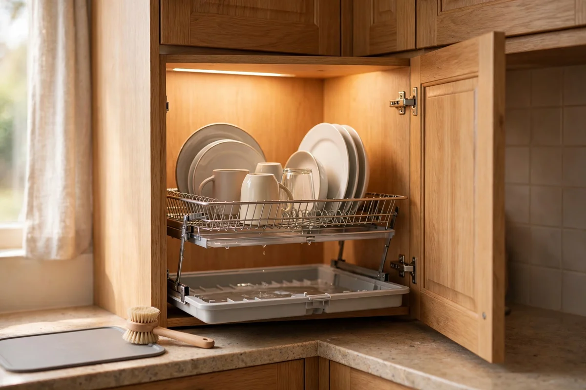 Fold-down dish drying rack inside a corner wall cupboard