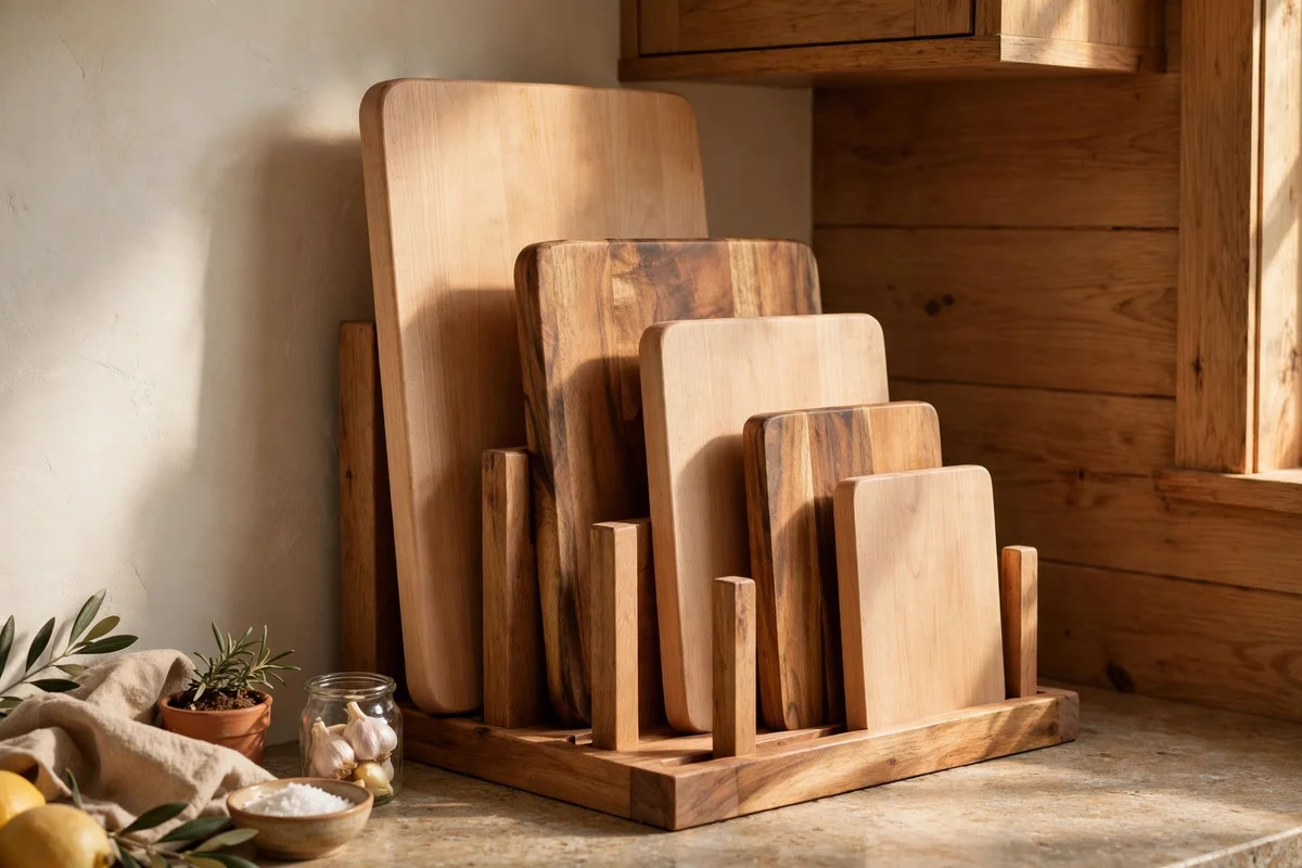 Chopping boards stored upright in a wooden slot divider in a kitchen corner