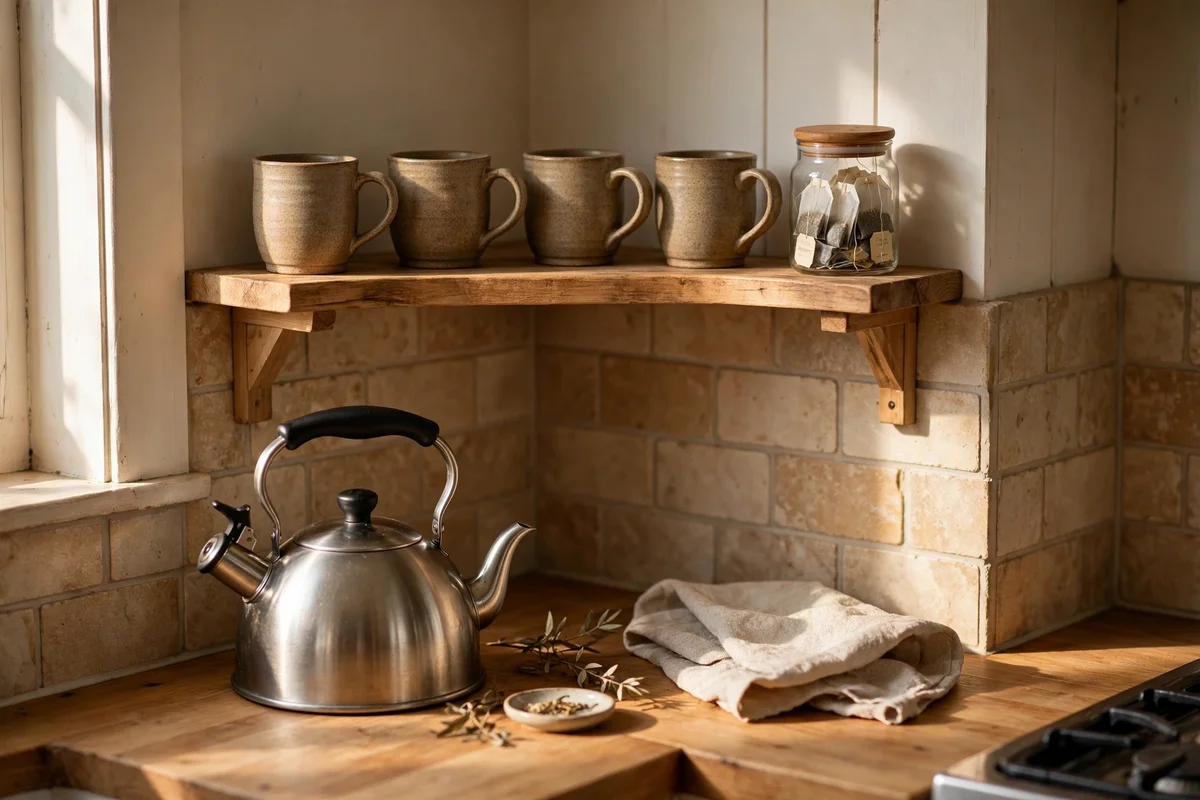 Short shelf with mugs above a kettle on a kitchen corner counter