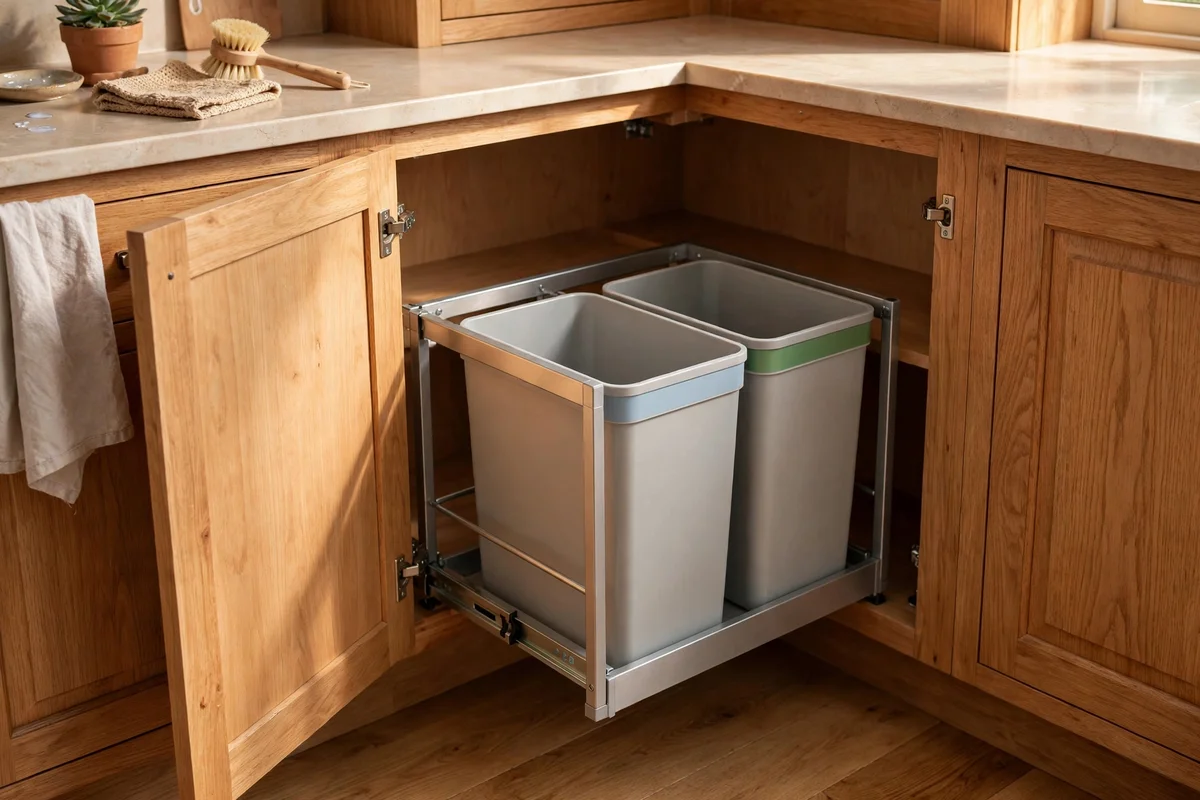 Pull-out recycling bins inside a kitchen corner base cupboard