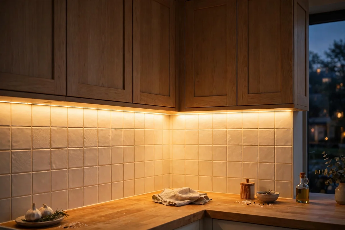Warm LED strip lighting under corner kitchen wall cabinets