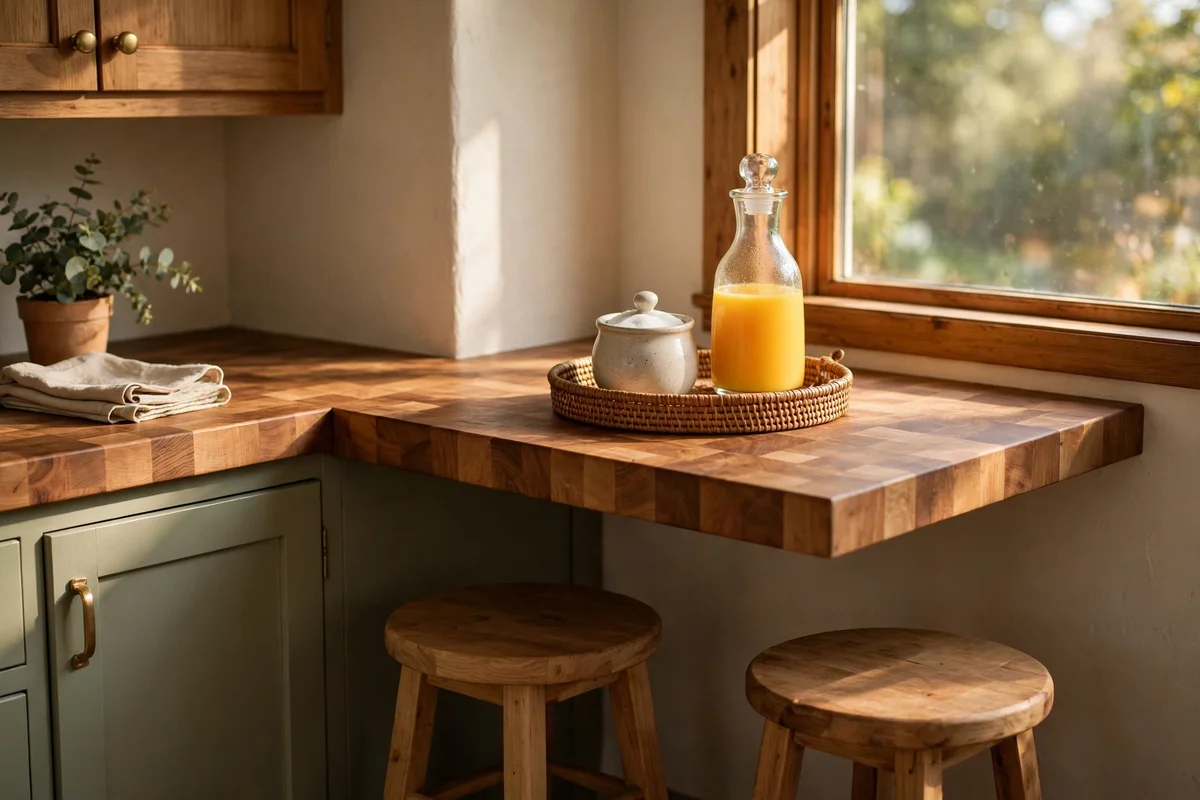 Two-person breakfast bar with stools bridging a kitchen corner