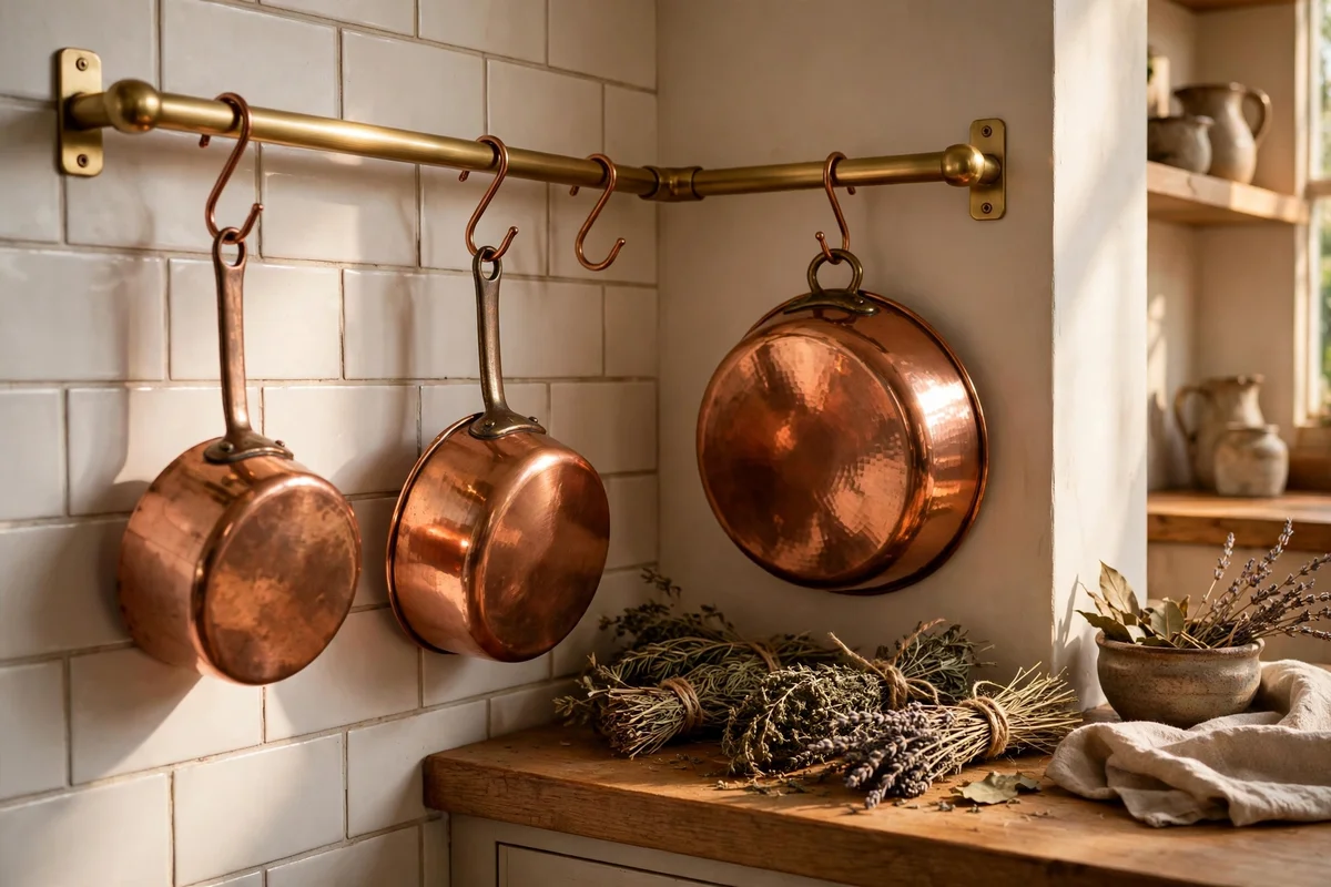 Copper pots hanging on a rail across a kitchen corner