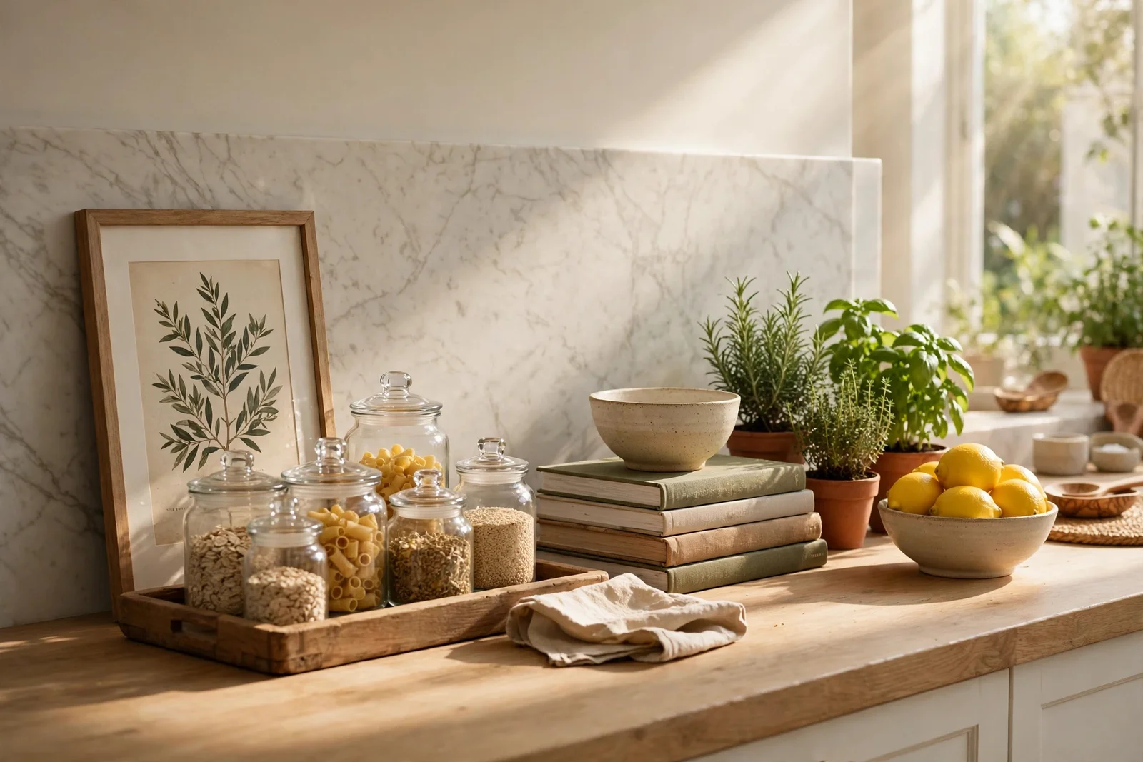 Styled kitchen counter with wooden tray of jars, cookbooks, potted herbs and bowl of lemons in warm sunlight