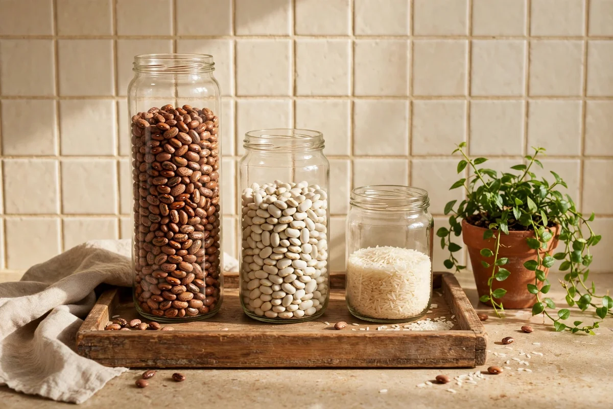 Wooden tray corralling glass jars of dried goods and a small trailing plant on a kitchen counter