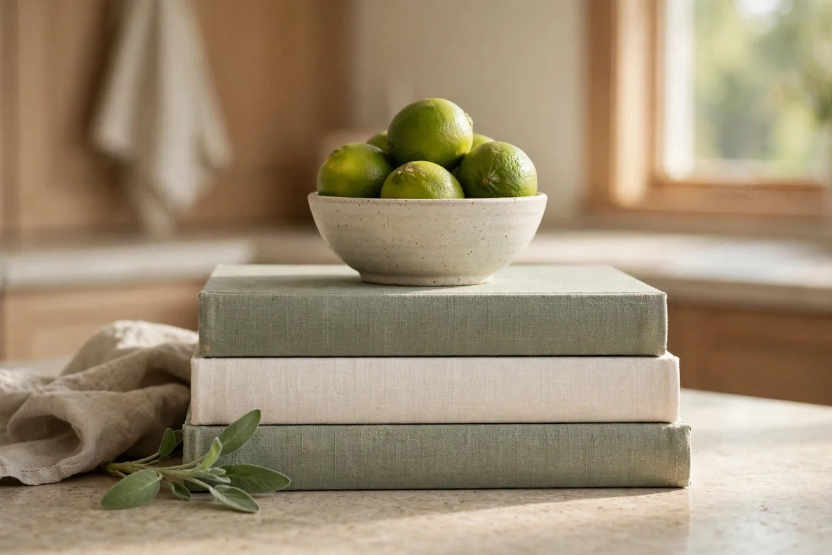Stack of three cookbooks topped with a small ceramic bowl of limes on a kitchen counter