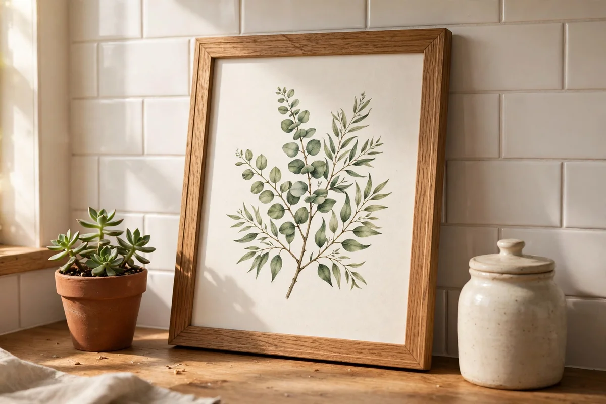 Framed botanical print leaning against a kitchen splashback beside a small plant