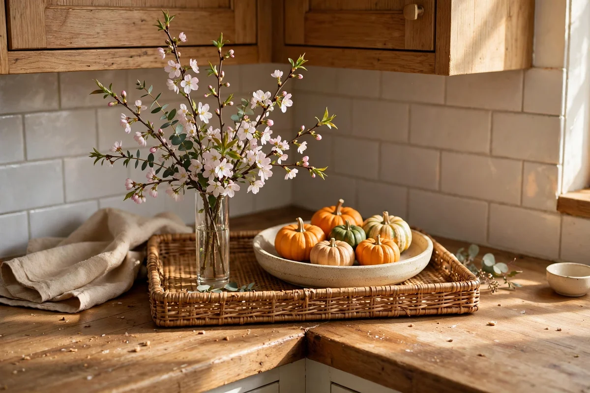 Seasonal corner on a kitchen counter with blossoms and miniature pumpkins on a tray
