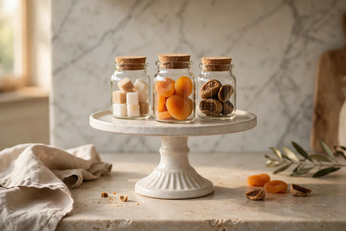 Footed cake stand used as a plinth for glass jars on a kitchen counter