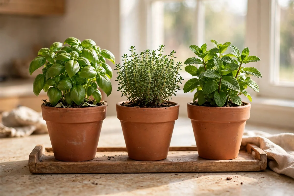 Three terracotta herb pots lined on a tray by a kitchen window
