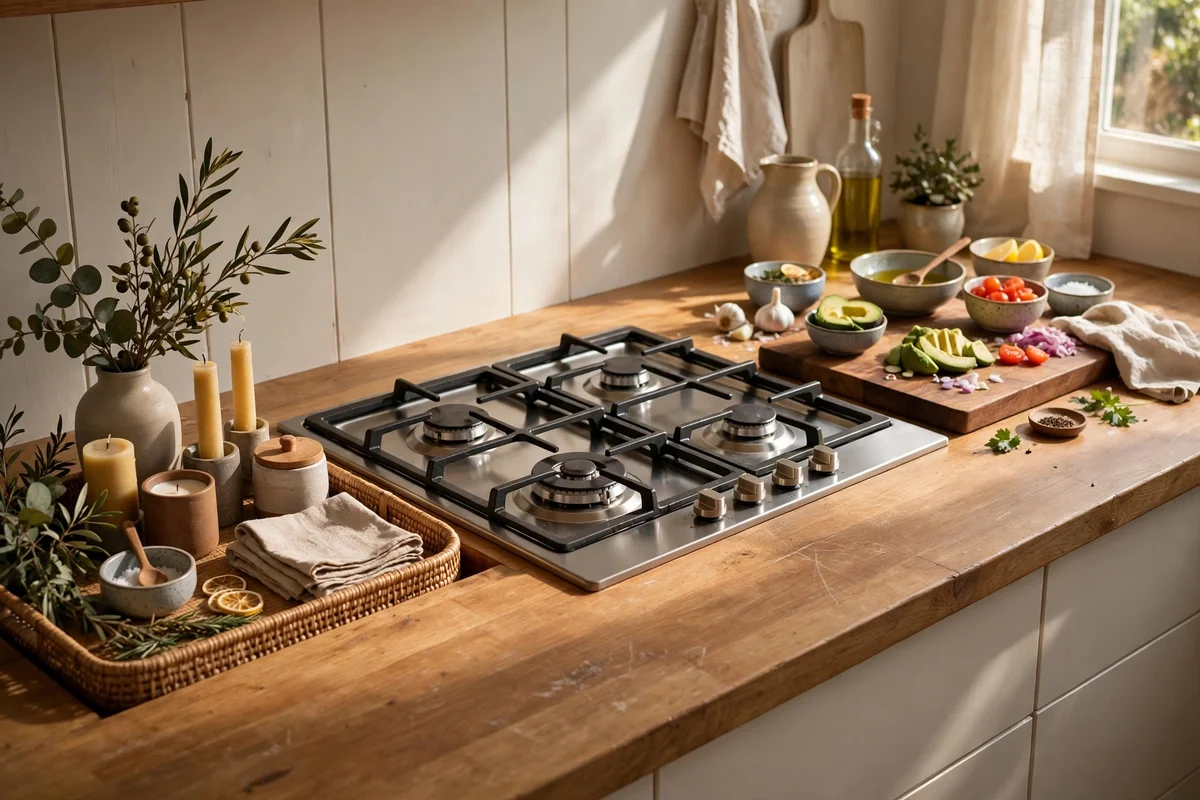 Kitchen counter with a clear cooking zone and decor kept to one end tray