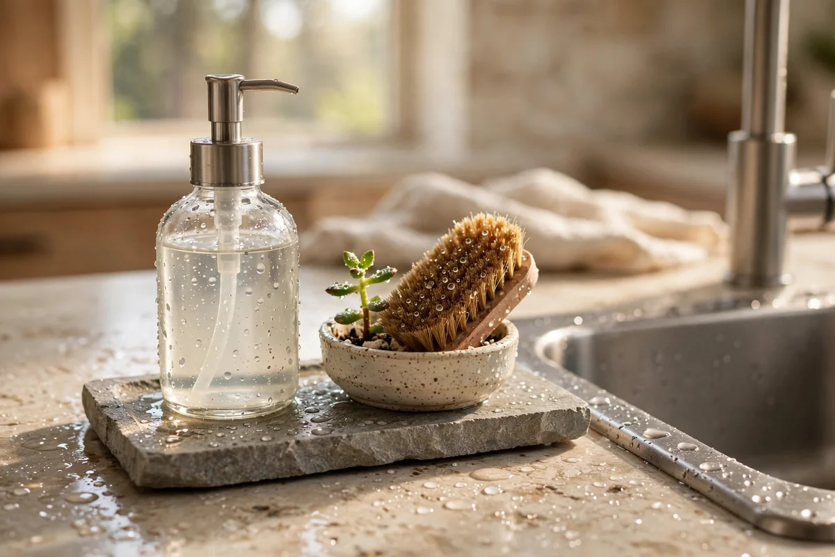 Slim tray beside a kitchen sink with soap dispenser, brush dish and succulent