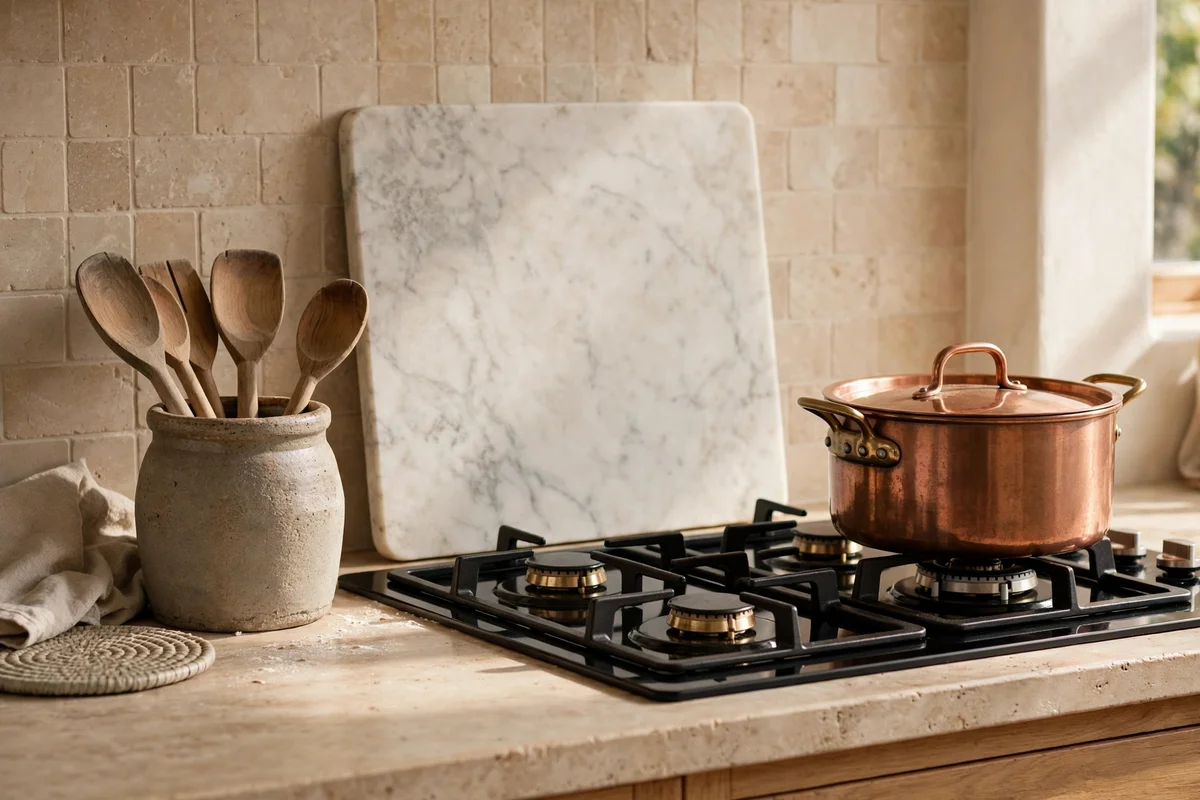 Hob-adjacent counter styled with heatproof marble board, crock and copper pot