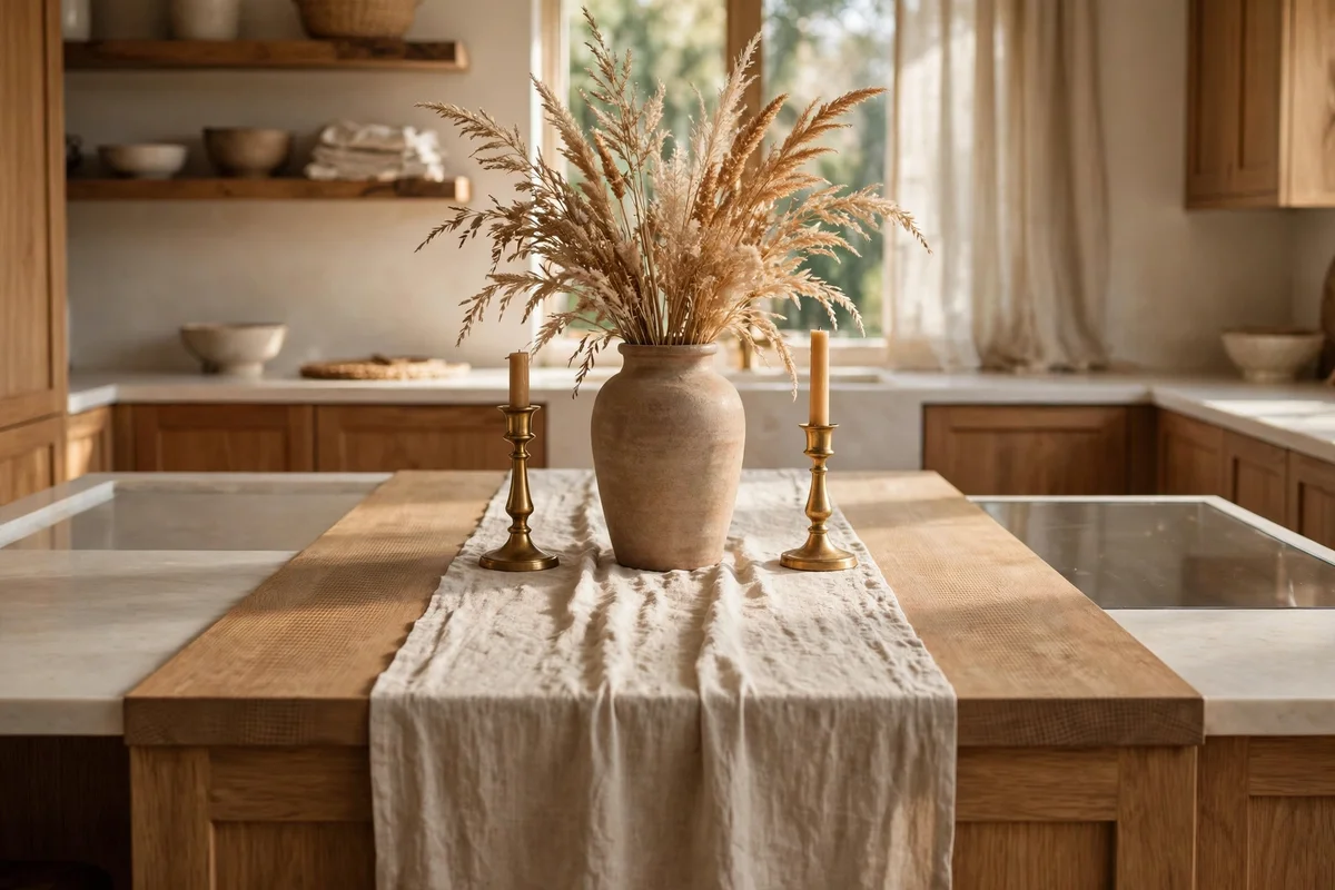 Kitchen island centrepiece with runner, tall vase and matching candle holders