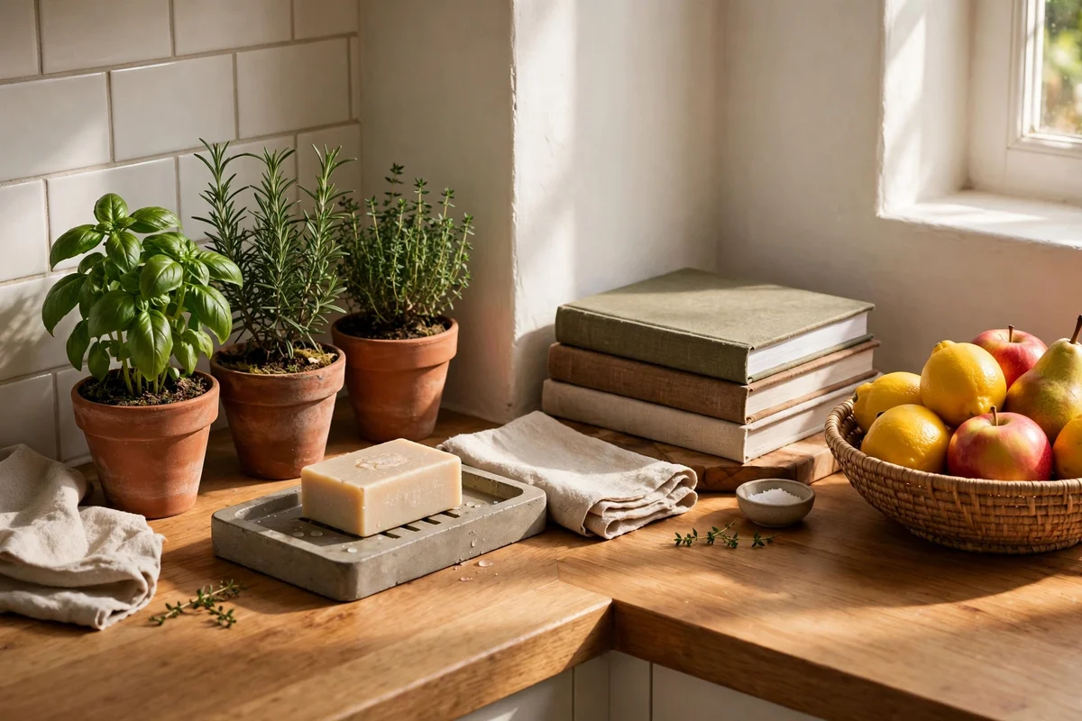 Kitchen counter corner where every vignette serves a daily purpose