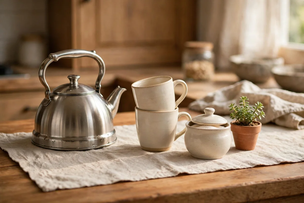 Tea corner on a kitchen counter anchored by a linen runner under the kettle