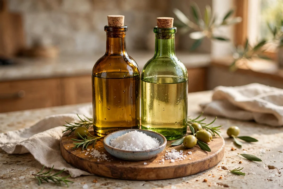 Tinted glass oil and vinegar bottles on a wooden board with a salt dish
