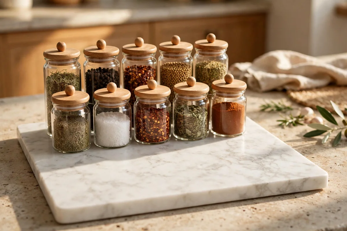 Marble board under neat rows of matching glass spice jars