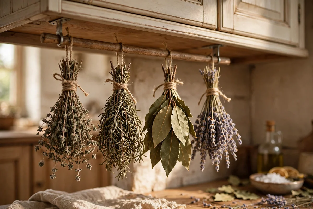 Dried herb bundles hanging from a small rail under a kitchen cabinet