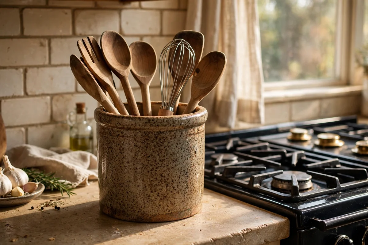 Stoneware crock of wooden spoons at a kitchen cooking corner