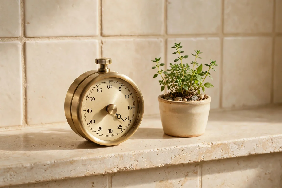 Small brass kitchen timer on the back ledge of a kitchen counter