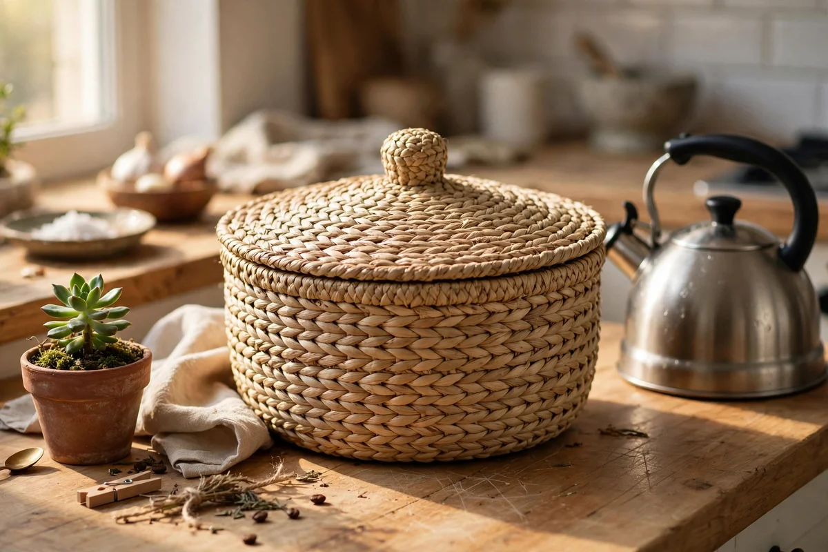 Woven lidded basket hiding clutter near a kettle on a kitchen counter
