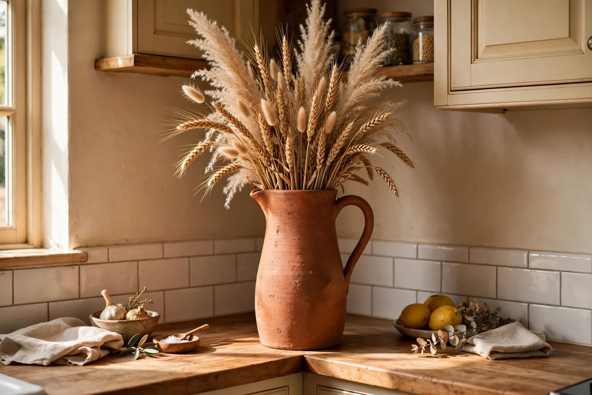 Tall pitcher of dried grasses adding height to a kitchen counter corner