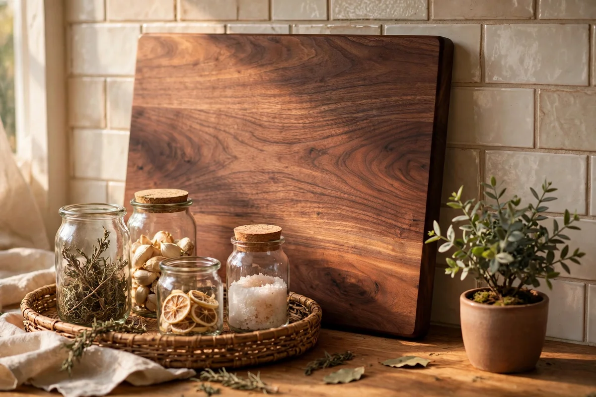Wooden cutting board propped as a backdrop behind counter jars