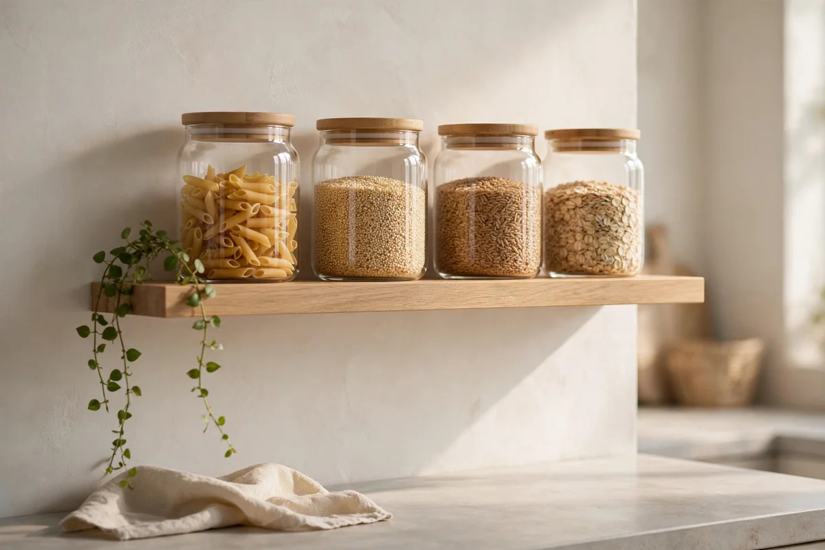Open kitchen shelf with matching jars and a tiny trailing plant