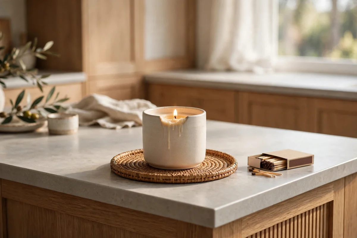 Scented candle on a small tray at the end of a kitchen island