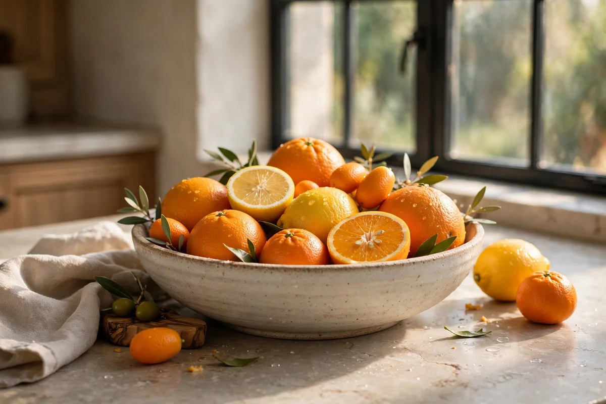 Shallow bowl of seasonal citrus fruit on a sunlit kitchen counter