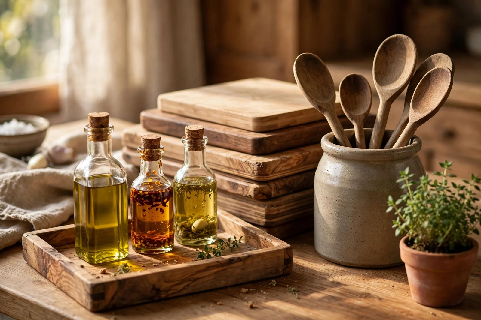 Warm kitchen worktop styled with a wooden tray, utensil crock and plant in morning light
