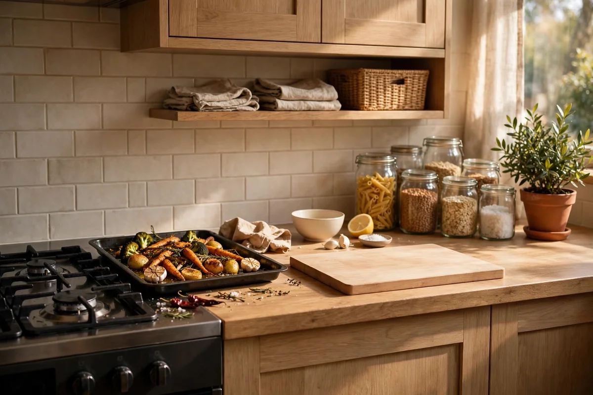 A tidy kitchen worktop divided into cooking, prep and storage zones with a tray, crock and jars in place.